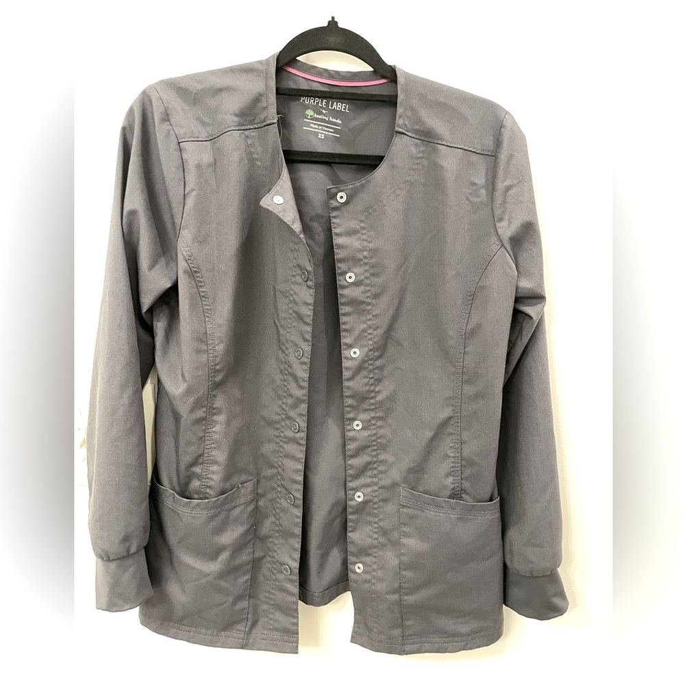 Healing Hands Gray Button Down Scrub Healthcare Worker Jacket Deep Pockets SZ XS